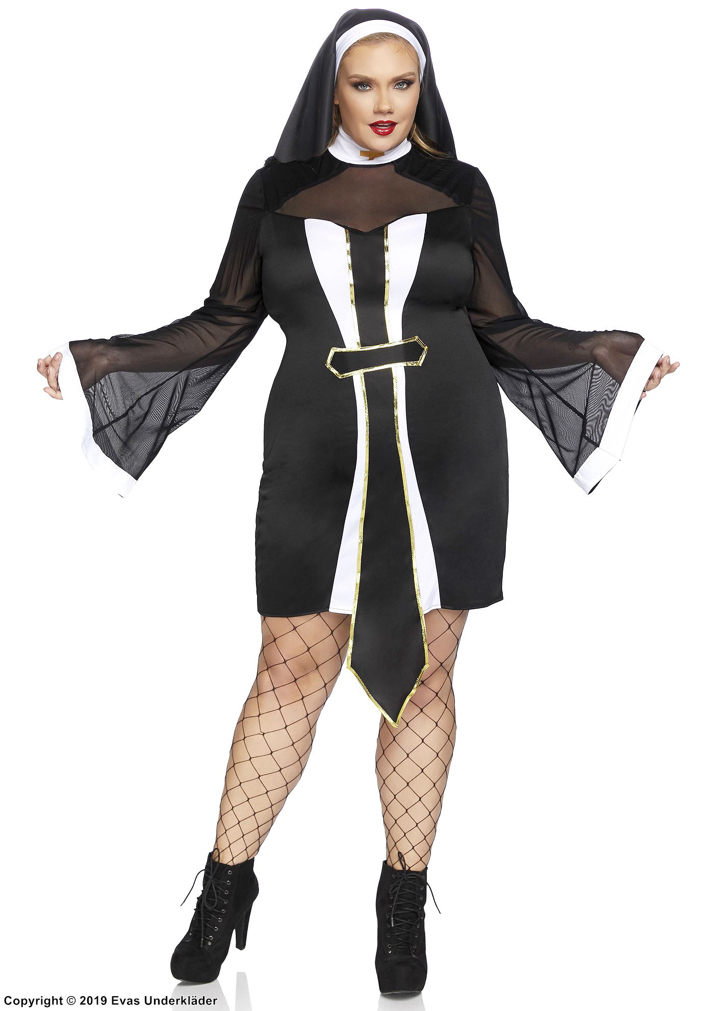 Nunna, maskeradklänning med utsvängda ärmar, genomskinliga inlägg och polo-krage